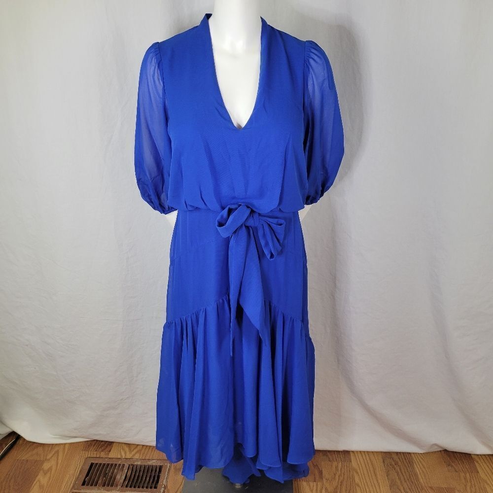 Taylor Royal Blue V-Neck‎ Hi-Low Blouson Style Midi Dress Size S